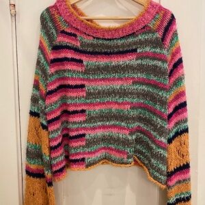 NWT Free People Butterfly Mixed Stripe Colorful Sweater Pink Sage Large